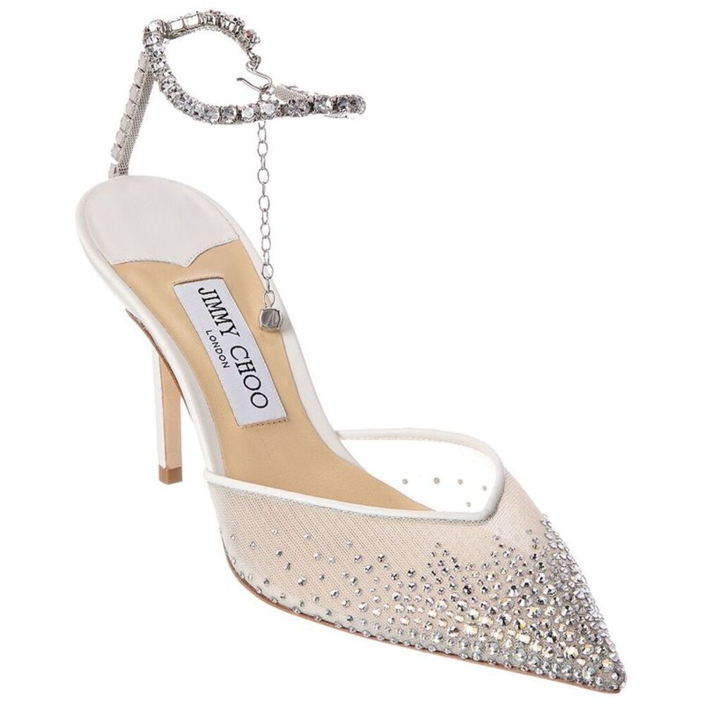 Jimmy Choo Saeda 85 Crystal Mesh Pump, White
